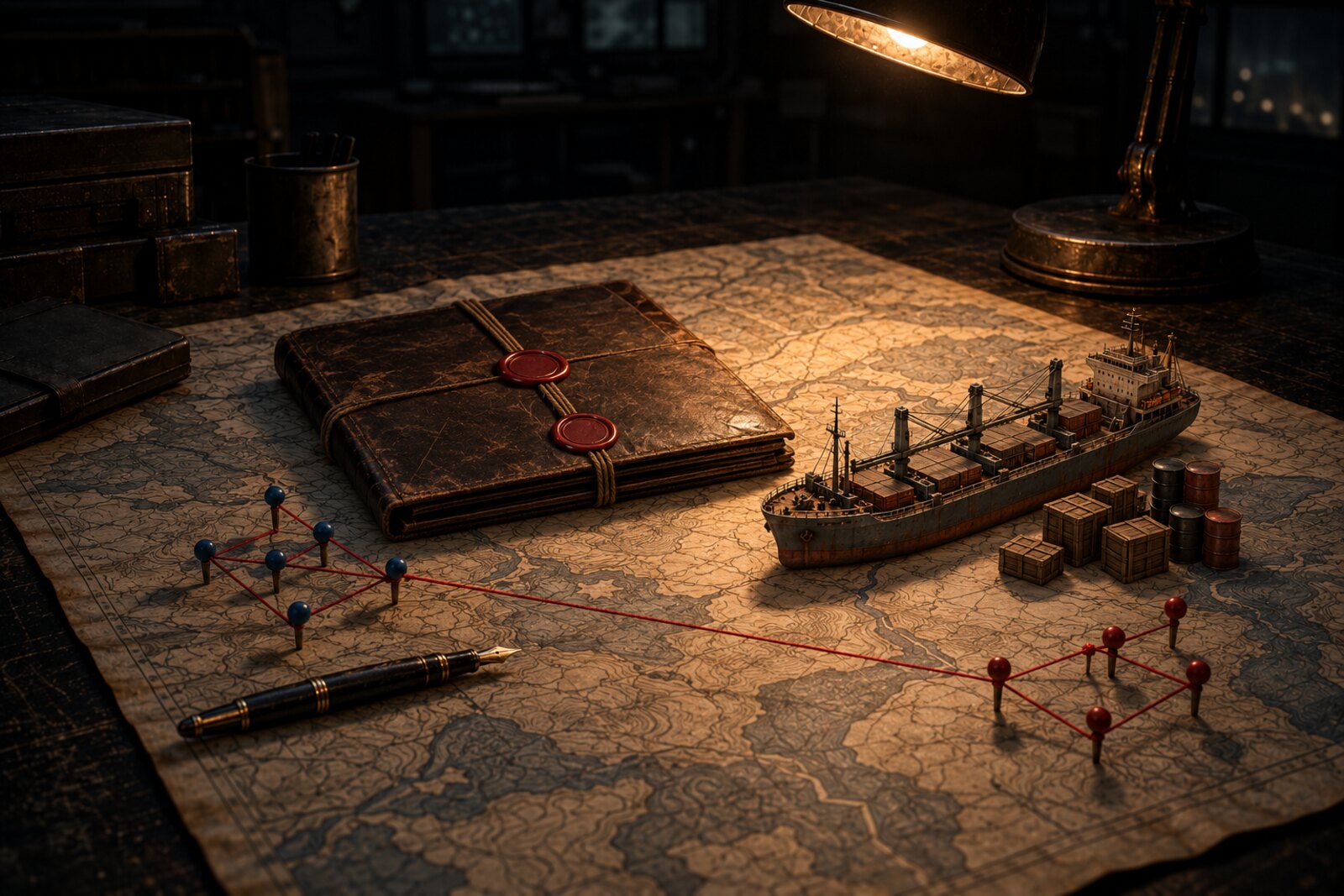 Un dossier de traité scellé de cire rouge, un cargo miniature et des épingles bleues et rouges reliées par un fil, sous la lampe d'une table de commandement