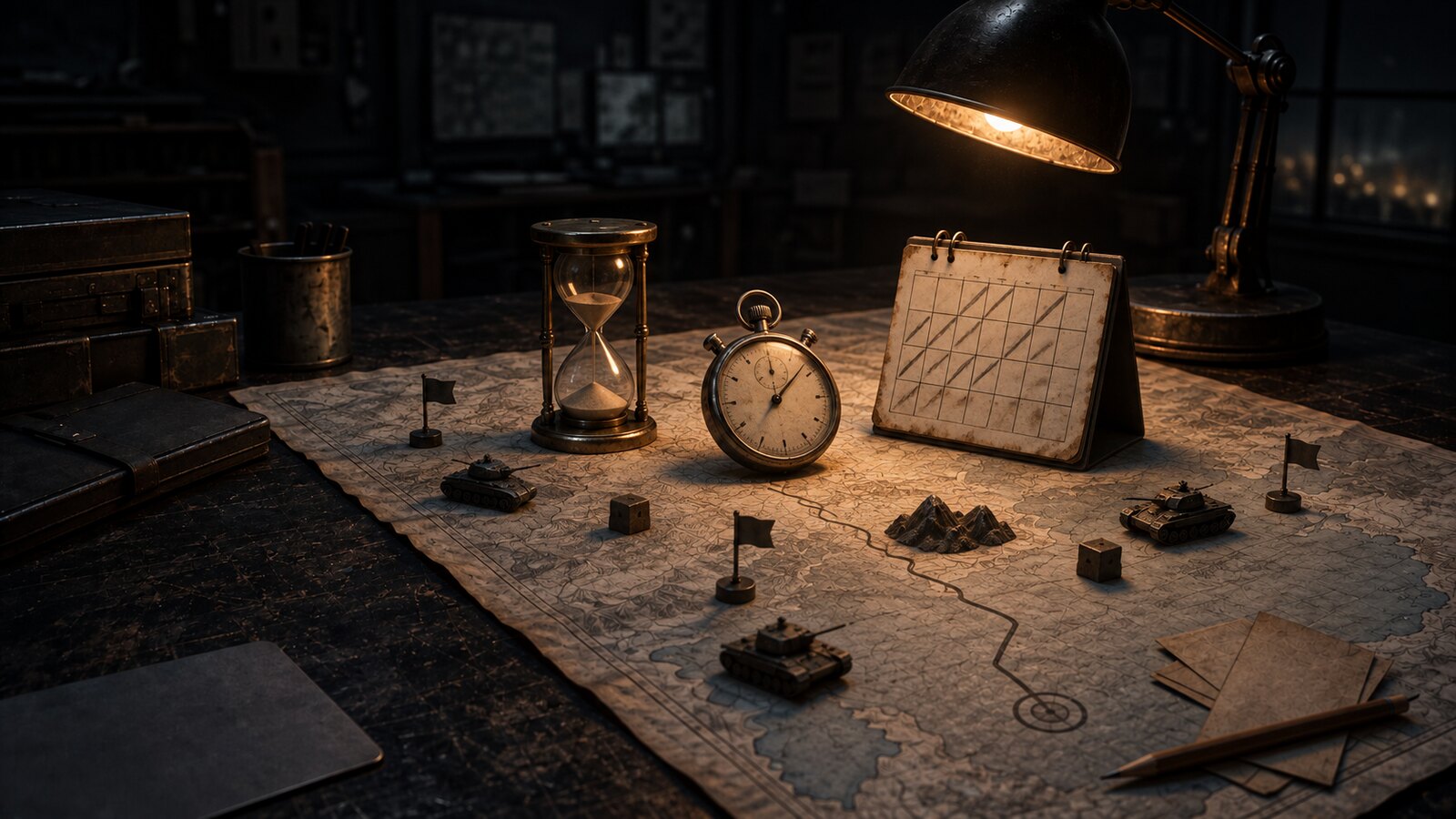 Un sablier, un chronomètre et un calendrier raturé sur une table de commandement
