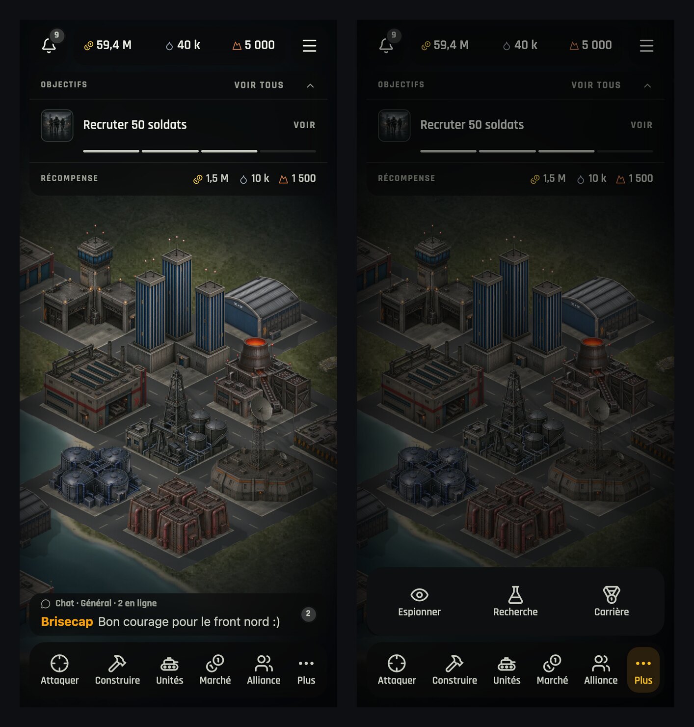 La base sur téléphone avec la barre de commandes en bas, puis le menu « Plus » ouvert sur Espionner, Recherche et Carrière