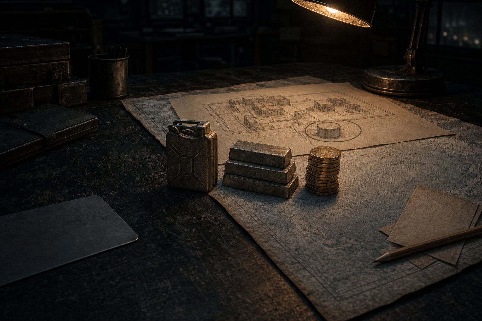 Un jerrican, des lingots de fer et des pièces d'or sous la lampe d'une table de commandement, devant le plan d'une base