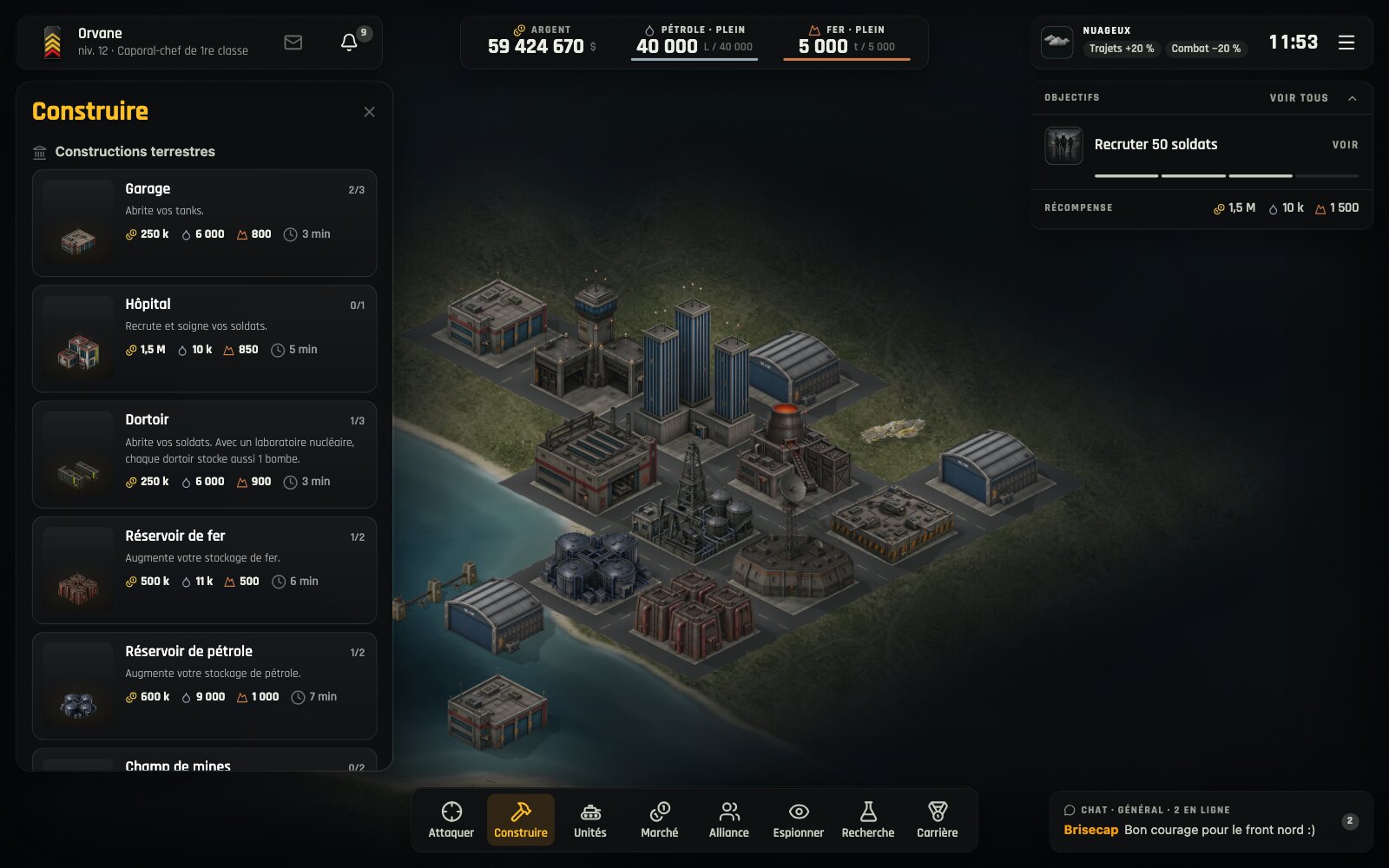 La nouvelle interface sur ordinateur : le catalogue Construire ouvert par-dessus la base, avec les ressources, l'objectif en cours et la barre de commandes