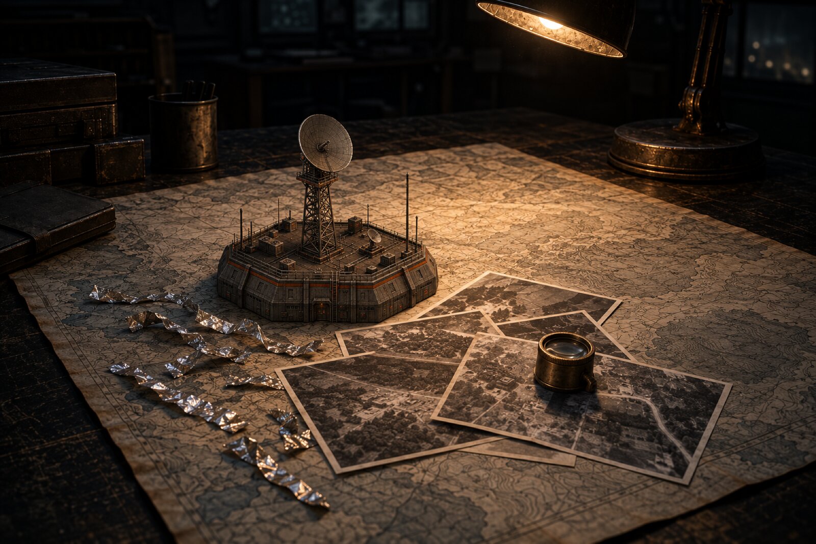Une maquette de radar, des photos de reconnaissance aérienne et des bandes d'aluminium sous la lampe d'une table de commandement